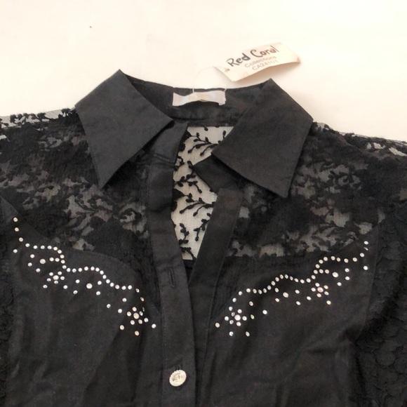 Black Shirt L Lace Long Sleeve & back Fitted Silver Rhinestone Buttons Excellent - Picture 2 of 12